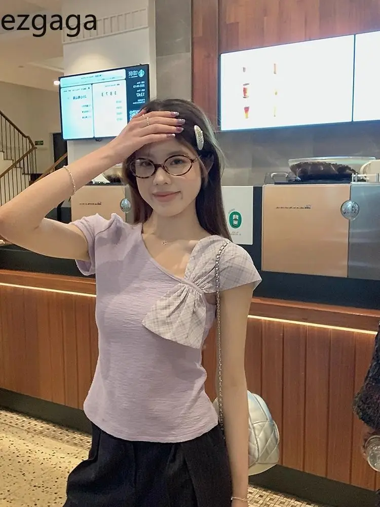 

Ezgaga Sexy T Shirts Women Sweet Bow Diagonal Collar Short Sleeve Slim Summer Fashion Y2k Harajuku Tops Female Casual Tshirt