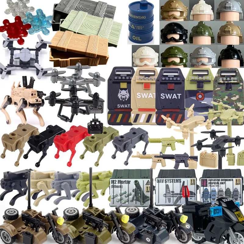 Blocos de Construção Militares MOC Aeronave de Combate Não Tripulada Caixa de Munição Escudo Capacete Acessórios de Motocicleta SWAT Brinquedos de Tijolos