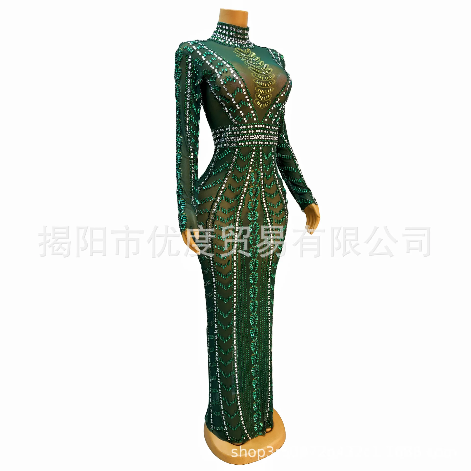 فستان سين الأخضر بأكمام طويلة ومنظور كريستالي لامع بأحجار الراين الأنيقة وحفلات الكوكتيل وأعياد الميلاد والسهرات