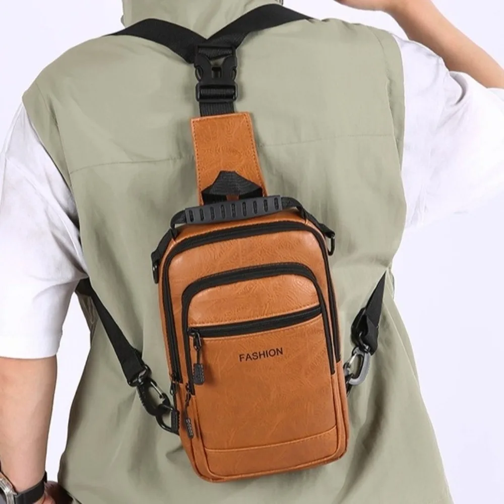 

PU Leather Men's Chest Bag Solid Color Multifunctional Sling Shoulder Bag Multiple pockets Adjustable Strap Male Crossbody Bag