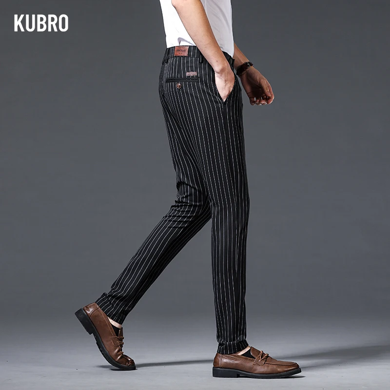 KUBRO-Calça reta masculina longa, calça elástica, marca clássica de negócios, listra inglesa, calça casual masculina de alta qualidade, nova moda