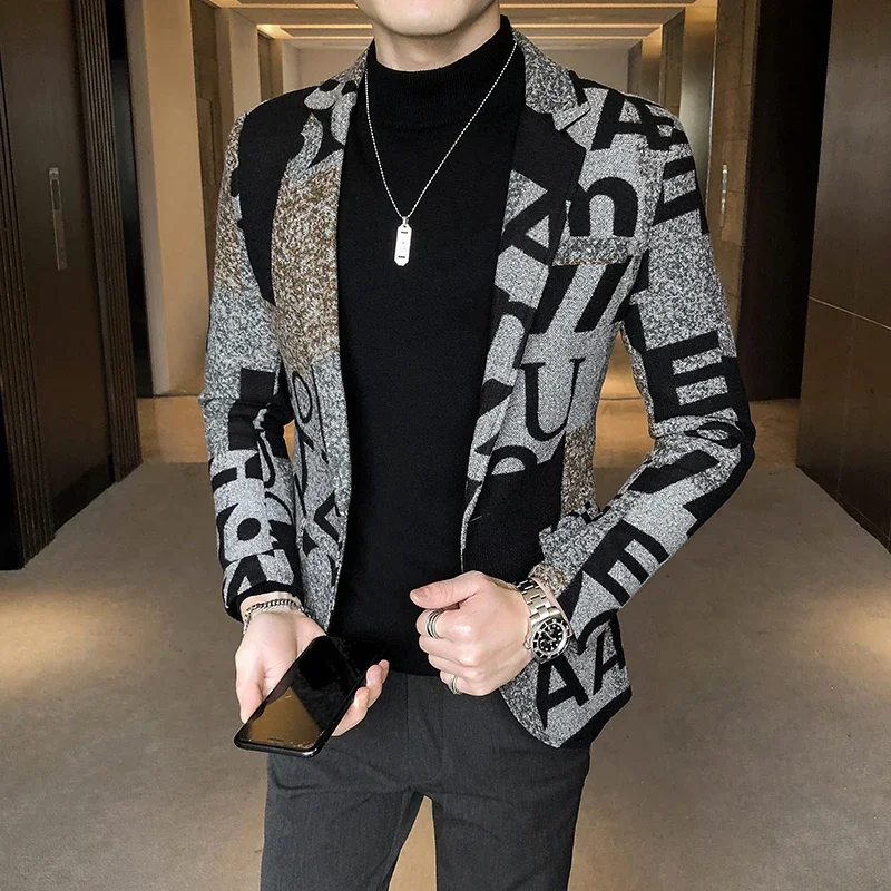 Wełniana marynarka retro na jesień/zimę 2024 Męska marynarka z nadrukiem w litery Nowa marynarka Slim Business Party Prom Fashion Wełniana kurtka Odzież męska