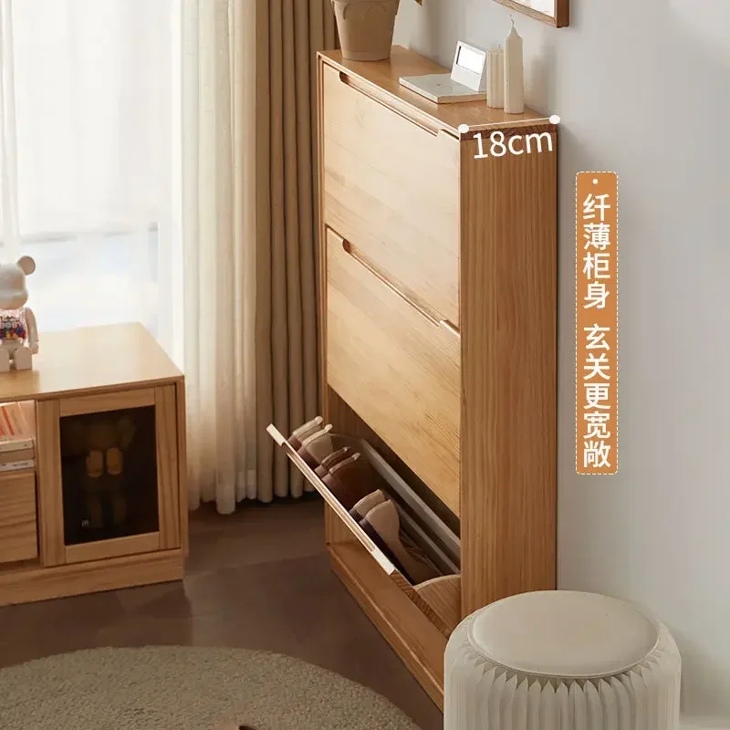 Solid Wood Ultra-thin Tipping Bucket Log Nordic Home Door Large-capacity Shoe CabinetX14