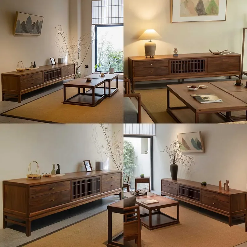 For Zen Solid Wood TV Cabinet Modern Simple Black Walnut Floor Storage Unit New Chinese Style Small Apartment Living Room