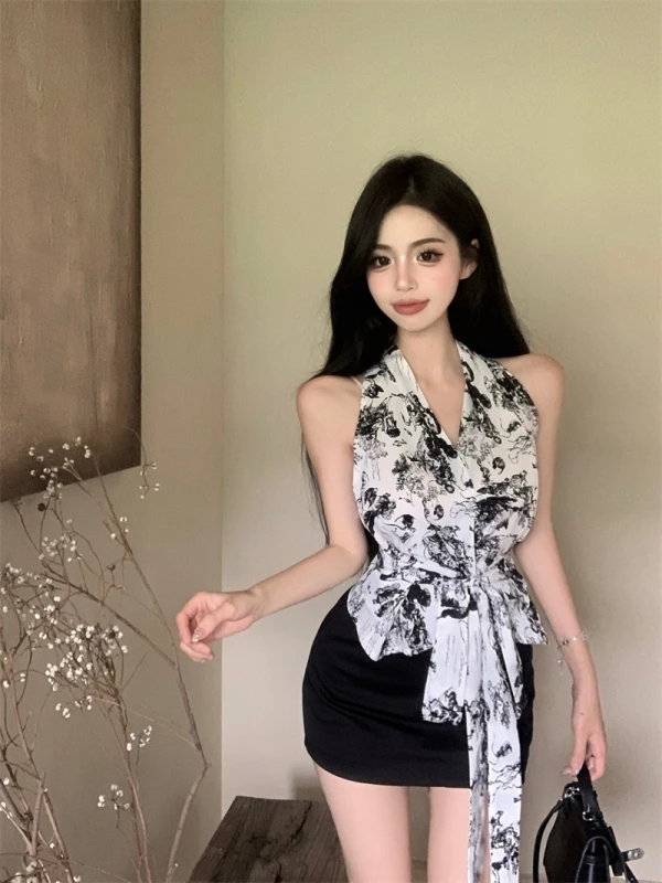 French style neck hanging floral niche chic camisole vest sleeveless top high waisted skirt set