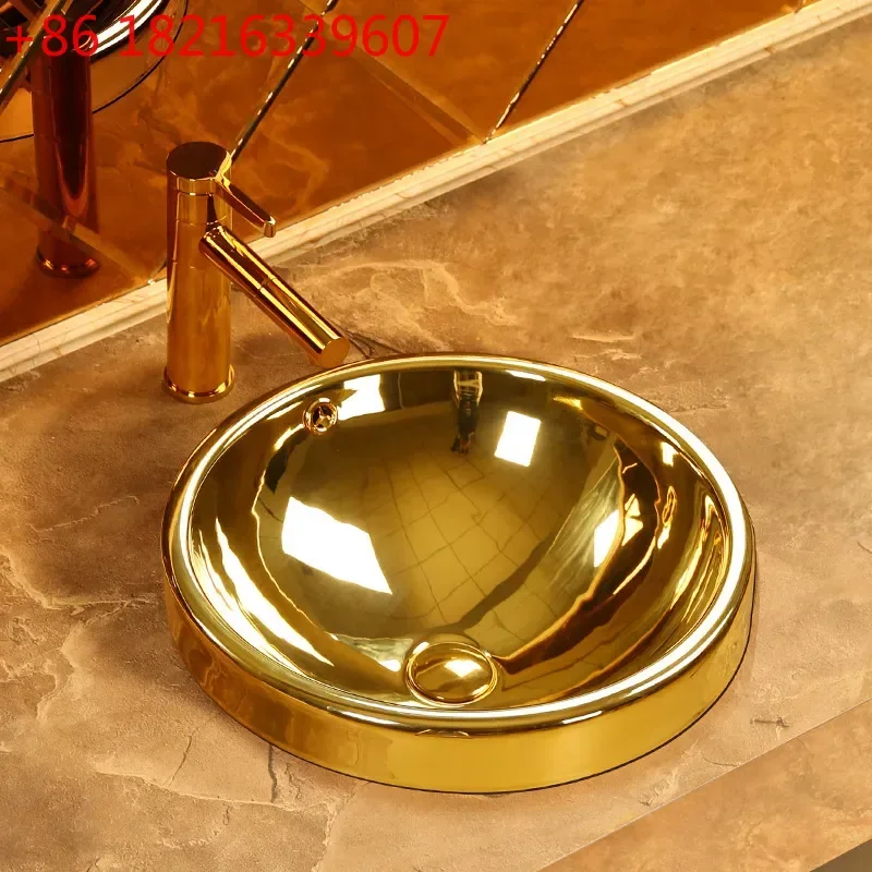 YAO Golden Oval Semi Recessed Ceramic Washbasin Square Bathroom Sink Basin for Hotel KTV Household Counter Top Installation