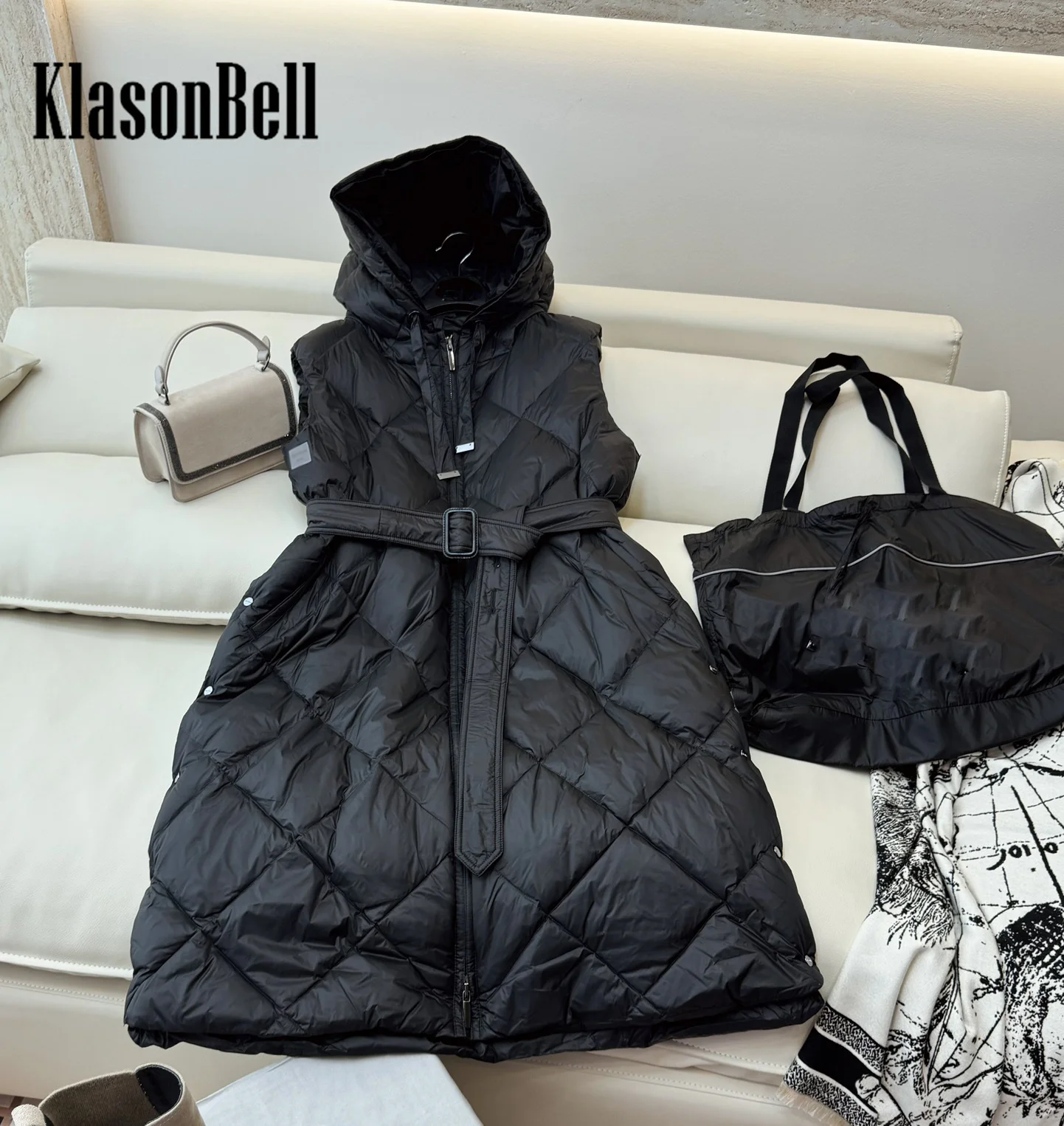 8.29 KlasonBell Women\'s Quilted Argyle Plaid Hooded Sleeveless Goose Down Vest Button Sashes Design Zipper Down Vest Coat