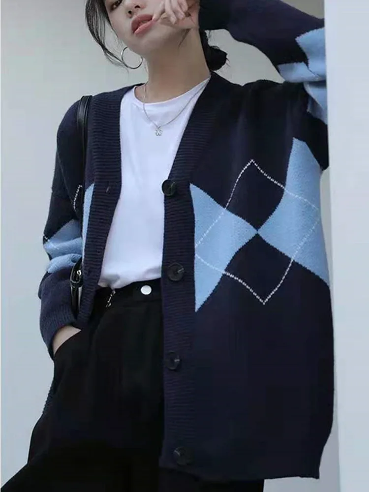 Autumn Long Sleeve Geometric Printing Knitted Cardigant Sweater Women Casual Loose Botton Women Sweaters Coat Winter Clothes