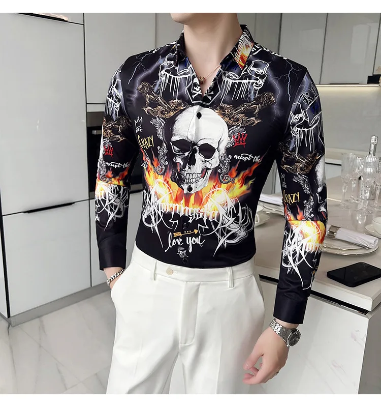 American style hot selling new Men's shirt 3D skull print shirt fashionable Men's personalized casual long sleeved shirt S-5XL