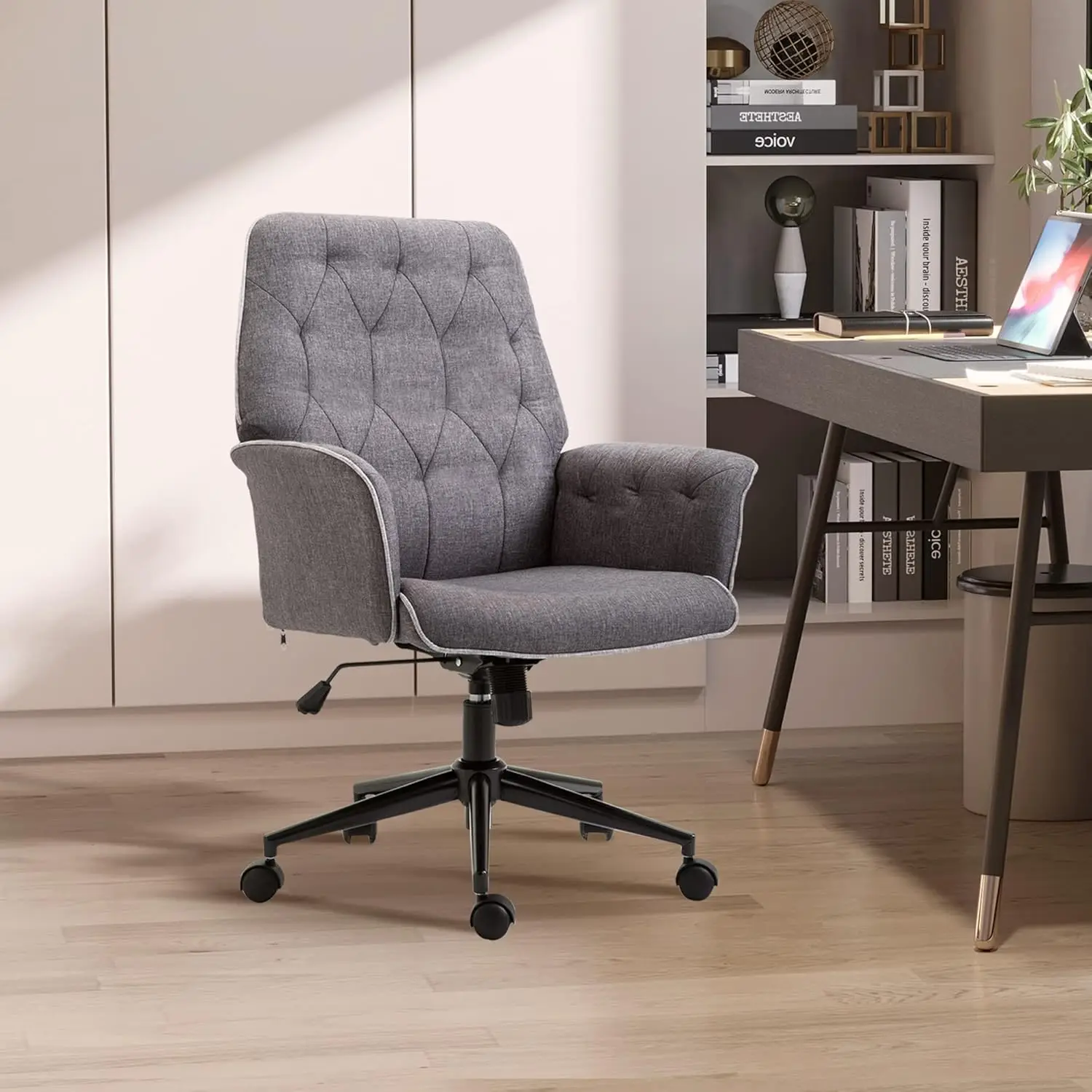 Vinsetto Linen Home Office Chair, Tufted Height Adjustable Computer Desk Chair with Swivel Wheels and Padded Armrests, Dark Gray