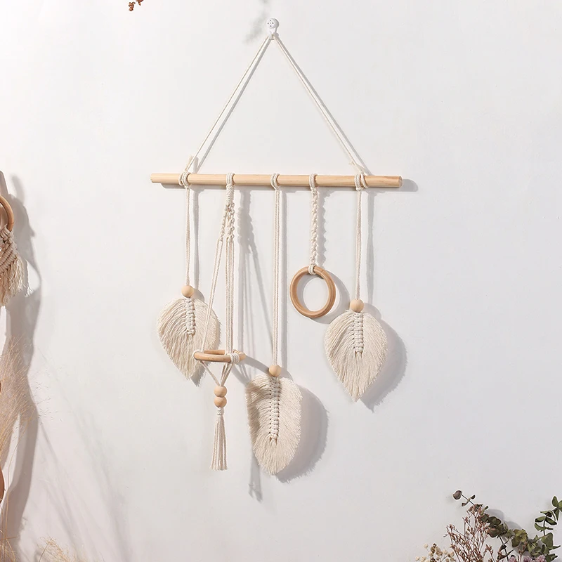 Bohemian Handwoven Tapestry Decorative Storage Rack Ins Bedroom Hanging Ornament Dried Flower Rack Tassel Cotton Rope Hanging