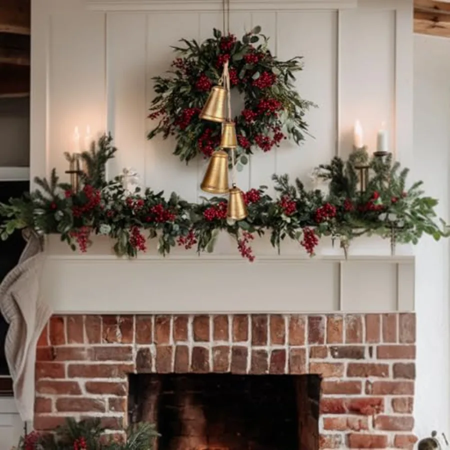 الصدأ الذهب أجراس البقرة مجموعة من 4 ريفي كبير عيد الميلاد أجراس البقر ديكور للمنزل مقبض الباب شجرة عيد الميلاد جارلاند إكليل الدرج X