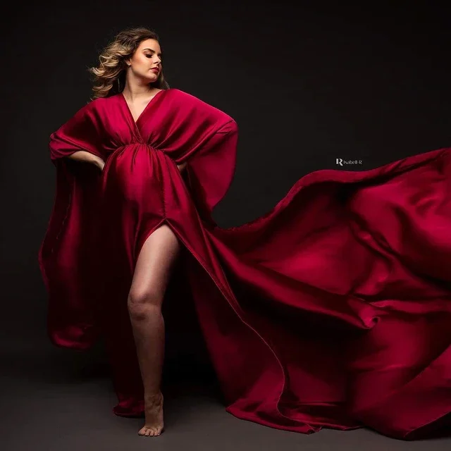 Boho Maternity Long Dresses for Photography Pregnant Woman Photoshoot Dress Elegance Satin V-Neck Plus Size Costume