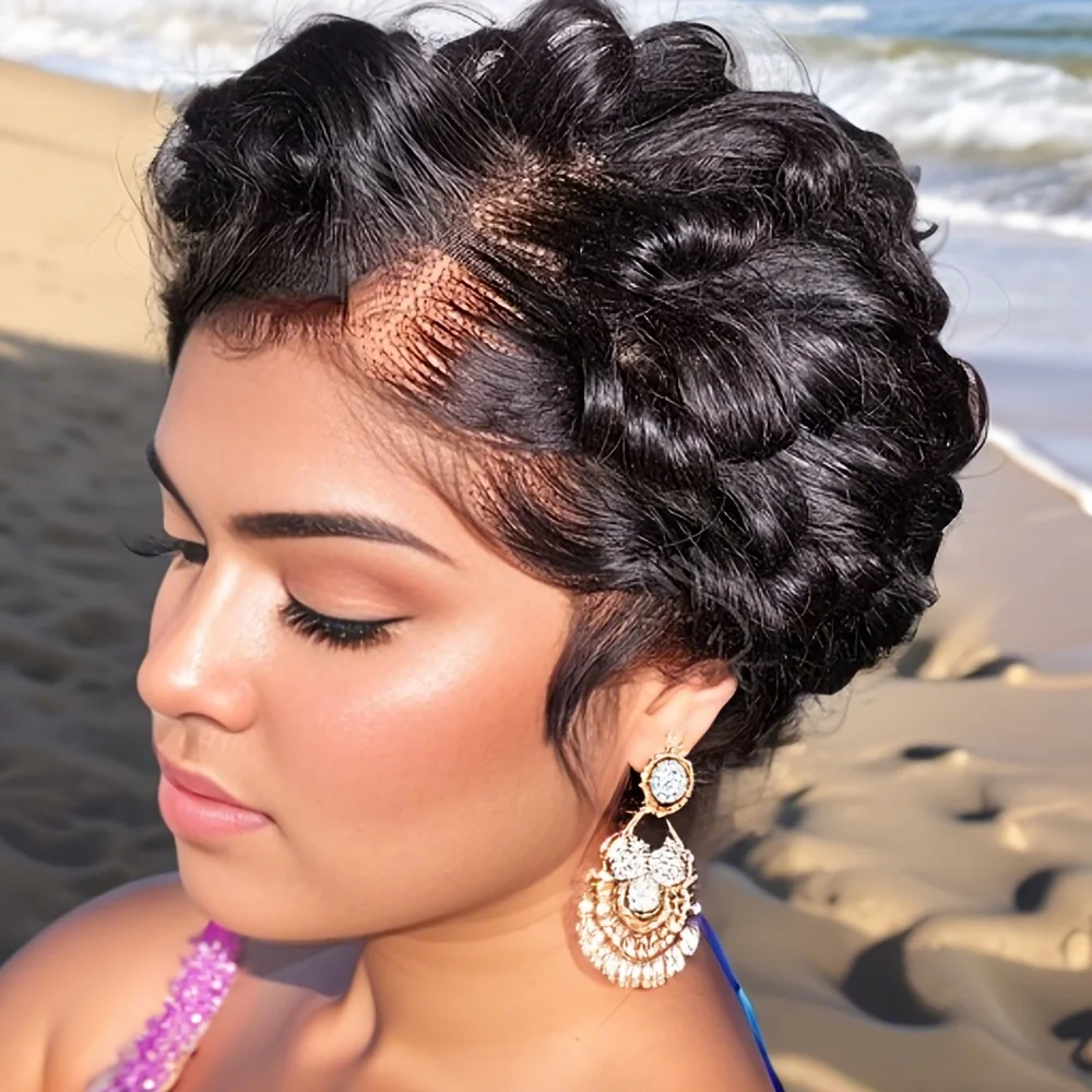 

natural black finger wave 13x4 transparent lace frontal wig remy human hair 150% density