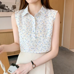 Summer Women's Blouse Floral Elegant Shirt Sleeveless Tank Tops Blouses Chiffon Female Clothing Office Lady Shirts and Blouses