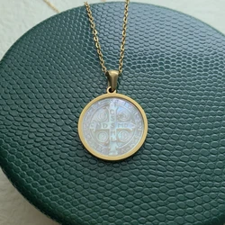 Stainless Steel St Benedict Medal Necklace Female Round Mother Of Pearl Shell Cross Pendant Religious Catholic Jewelry For Women