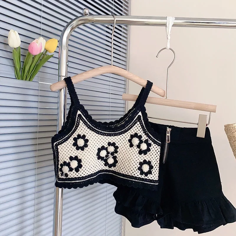 Fashion Baby Girl Knitted Clothes Set Strap Flower Vest+Shorts 2PCS Infant Toddler Child Summer Crop Top Clothing Suit 1-12Y