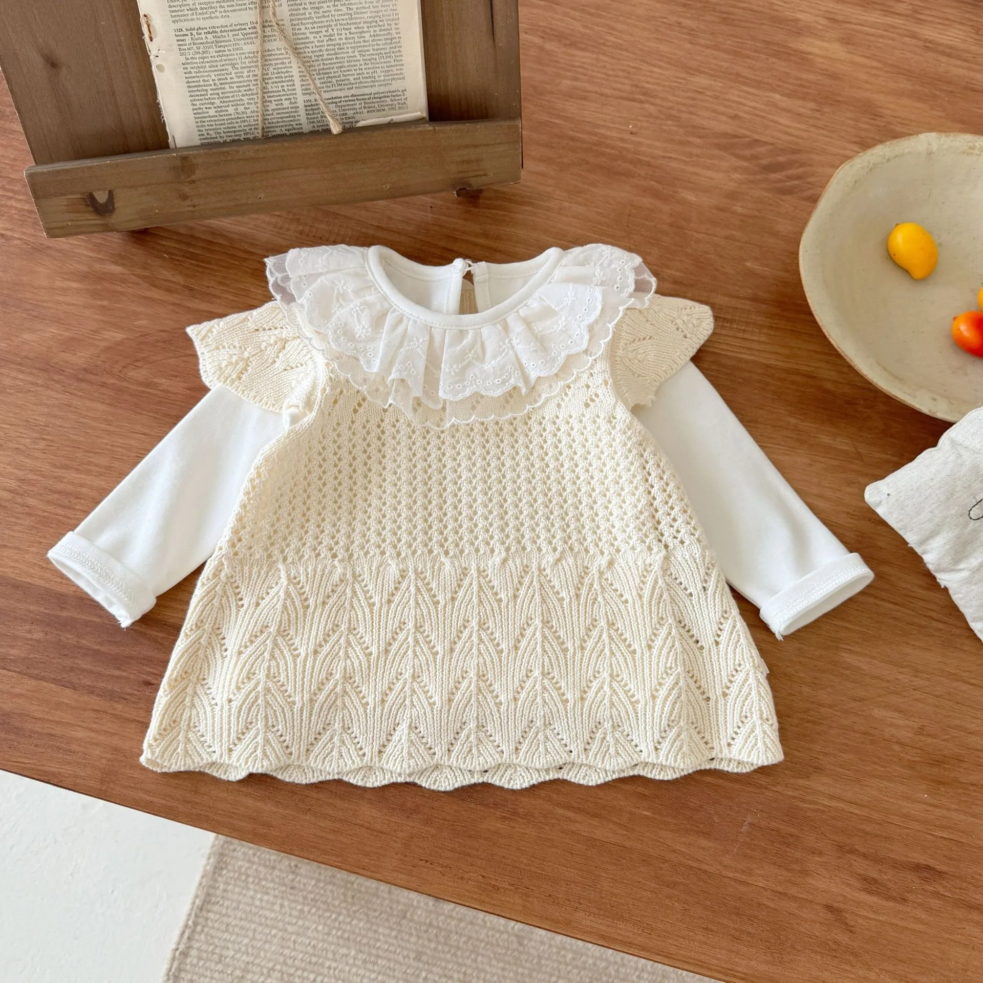 2026 Autumn New Girls Flying Sleeve Knitted Tops Solid Baby Girl Sweet Mesh Hollowed Out Shirts Infant Toddler Clothes