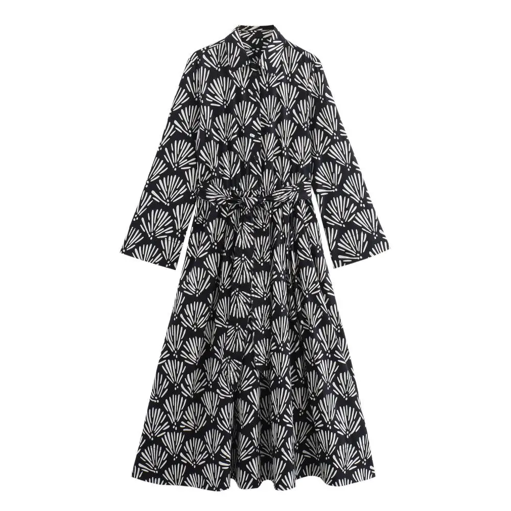

Autumn Printed Lapel Dress Fashion Long Sleeve Vestidos with Belt Woman High Waist A Line Dresses Temperament Commuting Clothing
