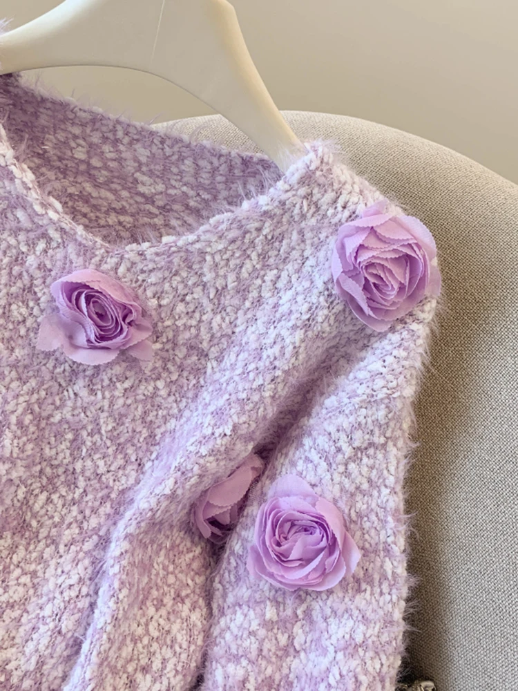 Autunno Inverno Dolce maglione floreale tridimensionale da donna Nuovo maglione lavorato a maglia pullover rosa alla moda Top S207