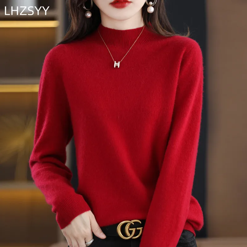 2024 New First Line Ready-To-Wear Ladies Pullover 100% Pure Wool Sweater Half Turtleneck Cashmere Jumper Basal Top Female Jacket