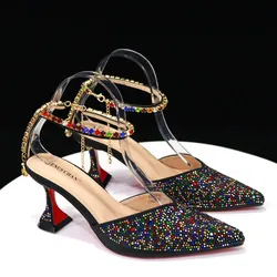 2024 Nigerian Black Color Women's Party High Heel Shoes Full Diamond Design Fashion Summer Sandals Wedding Ladies Shoes