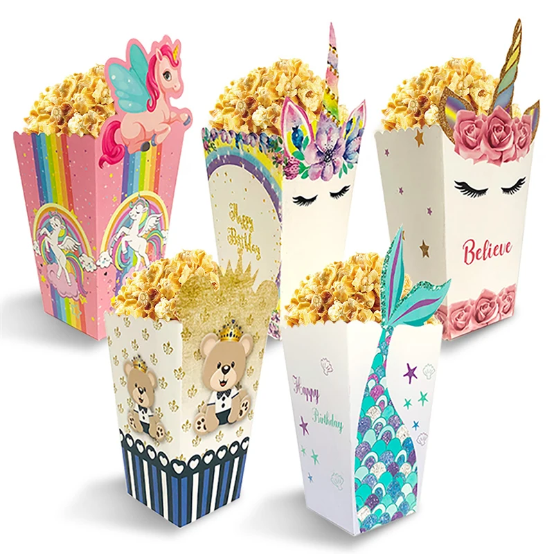 6pcs Unicorn Mermaid Tail Bear Paper Gift Bags Popcorn Candy Cookie Boxes Wedding Birthday Party Decoration Packaging Supplies