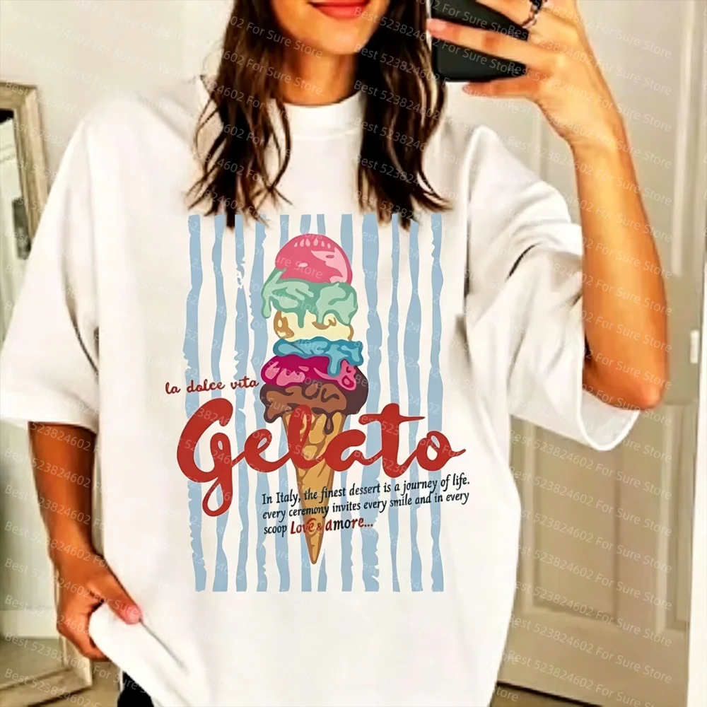 Ice Cream A 'Le Dolce Vita Gelato' Print Shirt Casual Women's Graphic Tops Tees Vintage Tee Short Sleeve T-Shirt Female Clothes