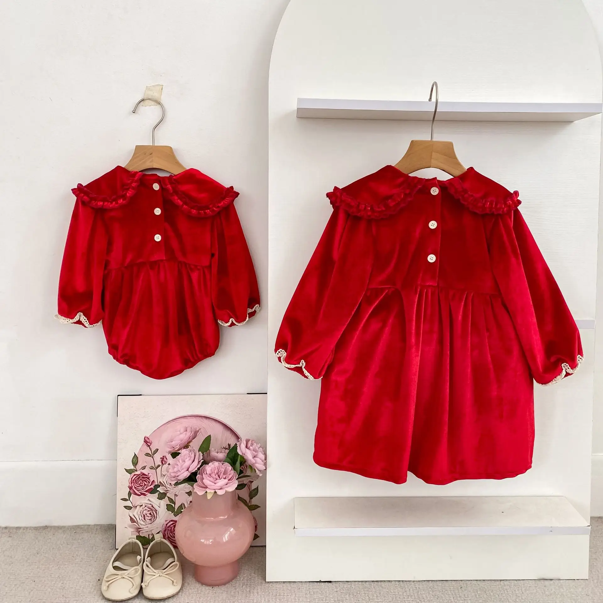 Girls Dress 2026 Spring and Autumn New Children's Clothing Korean Girl Baby Casual Sweet Velvet Doll Collar Dress Sister Outfit