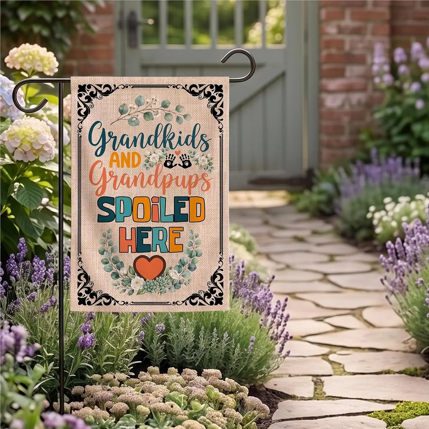 Grandkids and Grandpups Spoiled Here Garden Flag 12x18 Inch Double Sided, Upgraded Heavy Duty Burlap Textured Yard Flag for  yyi