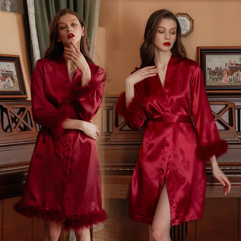 Satin Feather Patchwork Bride Bridesmaid Robe Sexy Kimono Bathrobe Gown Casual Sleepwear Intimate Lingerie Female Nightgown