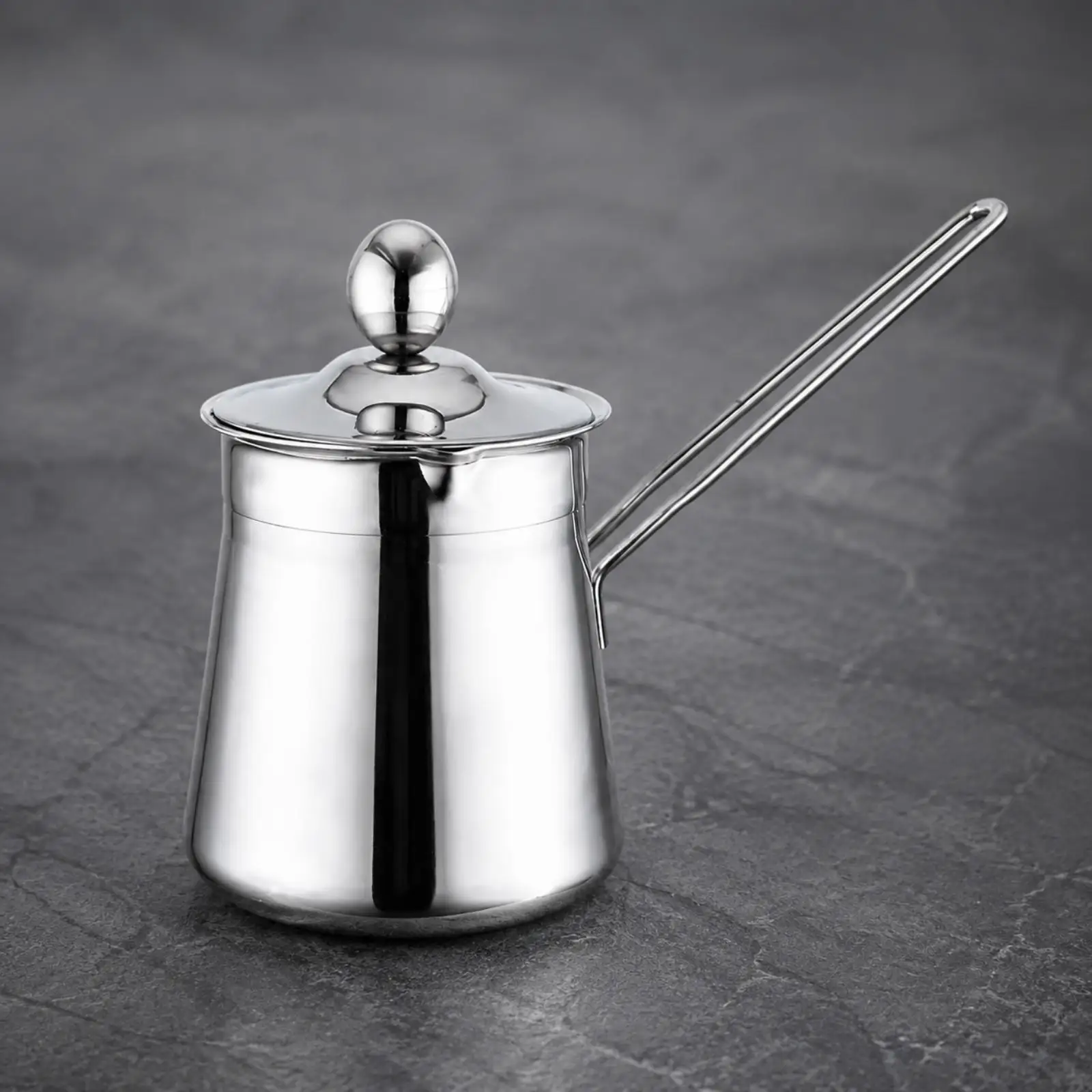 Sturdy Stainless Steel Pitcher for Hot Drink Preparation with Spherical Knob Lid and Low Effort Pour for Baristas