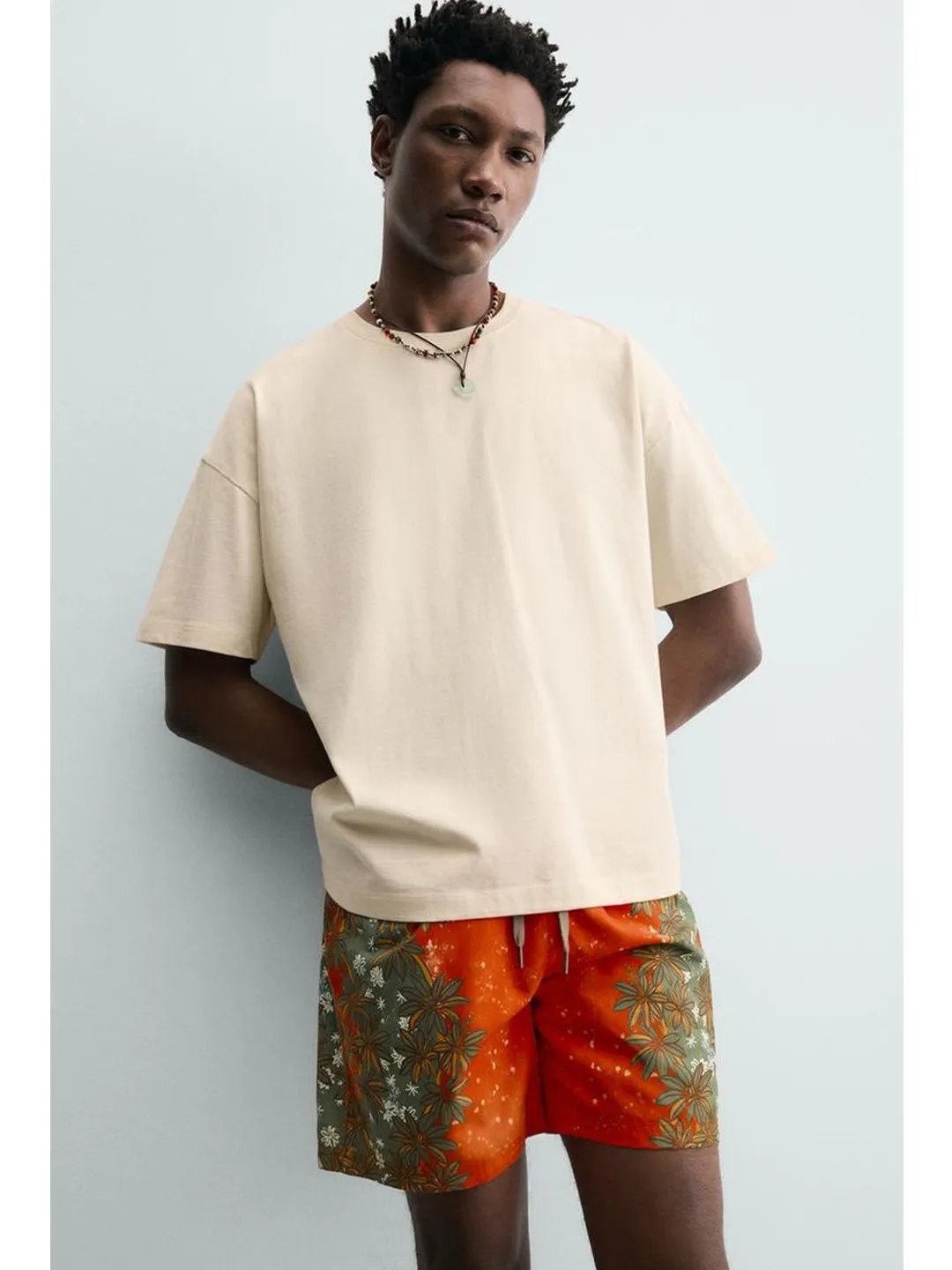 New Men's Floral Print Swimwear Elastic Waist Belted Long Style Summer Collection Polyester Fabric Straight Cut Shorts