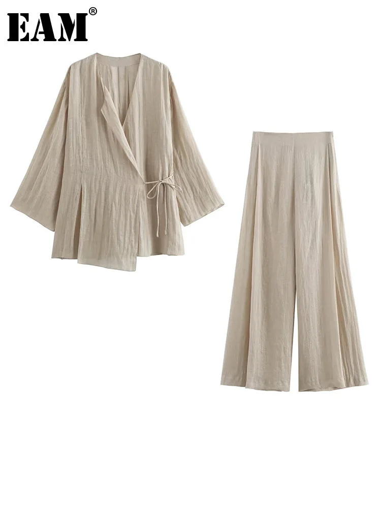 

[EAM] Повседневная куртка большого размера, широкие брюки, костюм из двух предметов, новый костюм с v-образным вырезом и длинным рукавом, женская мода, весна-осень 2024, 1DH64831