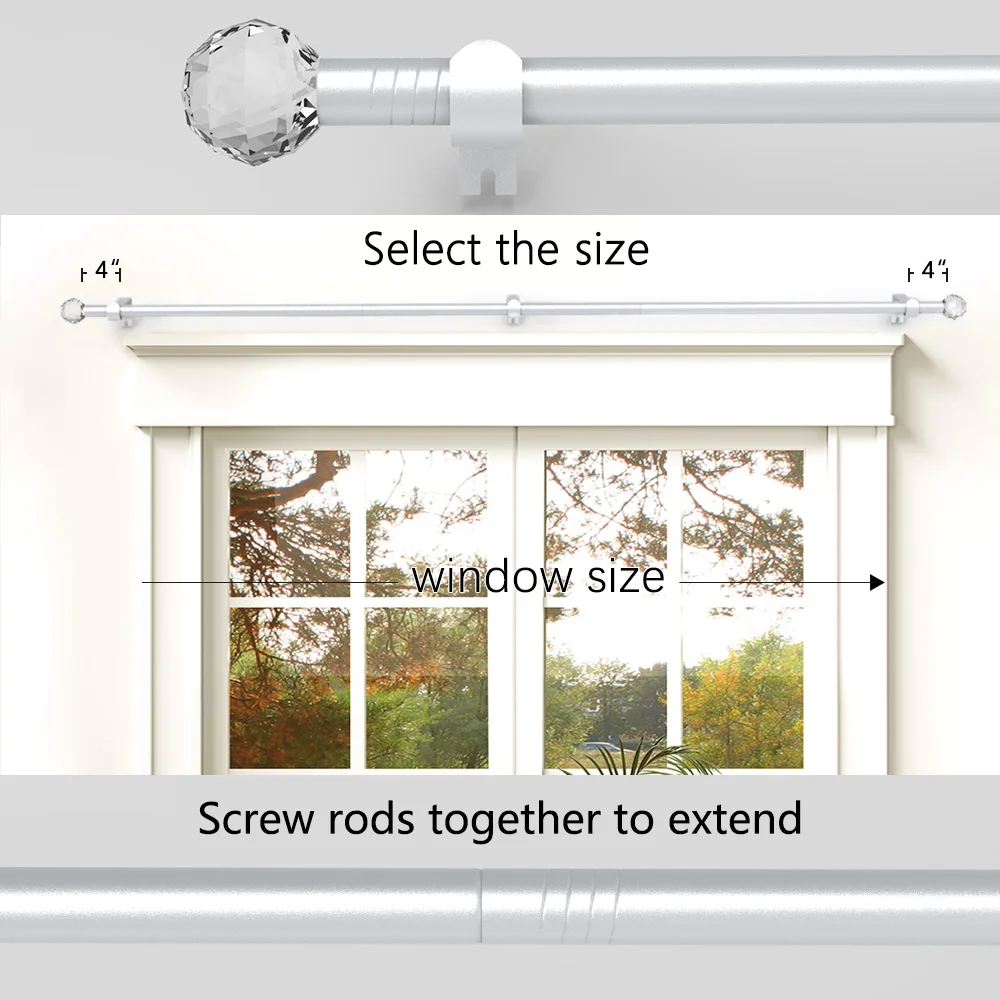 5/ 8inch Iron spliced Roman rod, gold-colored curtain rod, with transparent crystal-style decorative top, suitable for installing curtains, sheer curtains, and shower curtains, applicable to curtain rods for windows 28inch to 144inch.   The curtain rod bracket set is easy to install and durable. Suitable for use in the bedroom, kitchen, living room, dining room, or office, with a modern and luxurious style, visually simple and beautiful