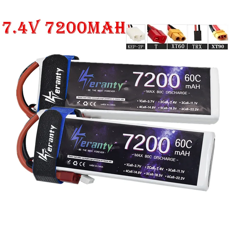 TERANTY 2S Lithium Polymer Battery 7.4V 7200mAh Lipo Battery 60C RC Car Drone Racing Hobby Rechargeable Quadrotor Accessories