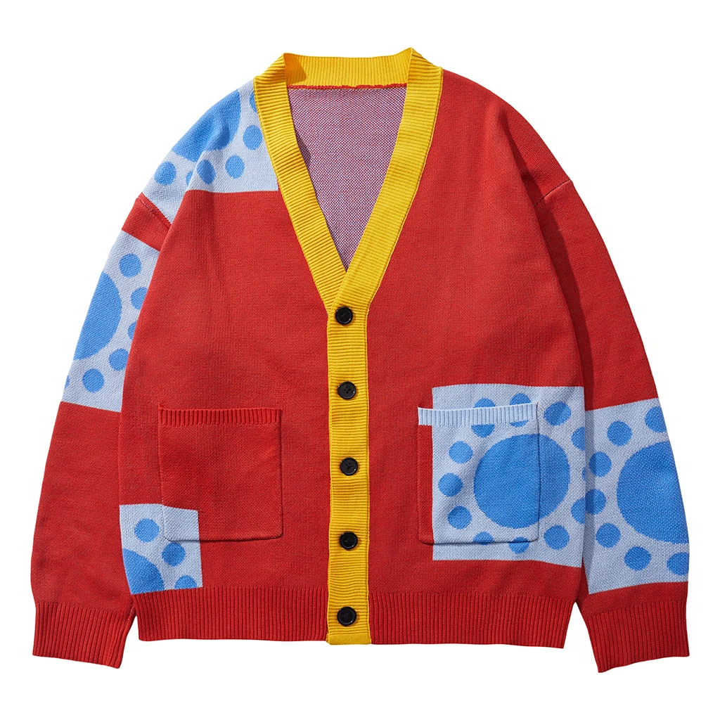 

Anime Luffy Cosplay Costume Unisex Red Knitted Cardigan Sweater Halloween Carnival Party Comic Con Button Coat Tops