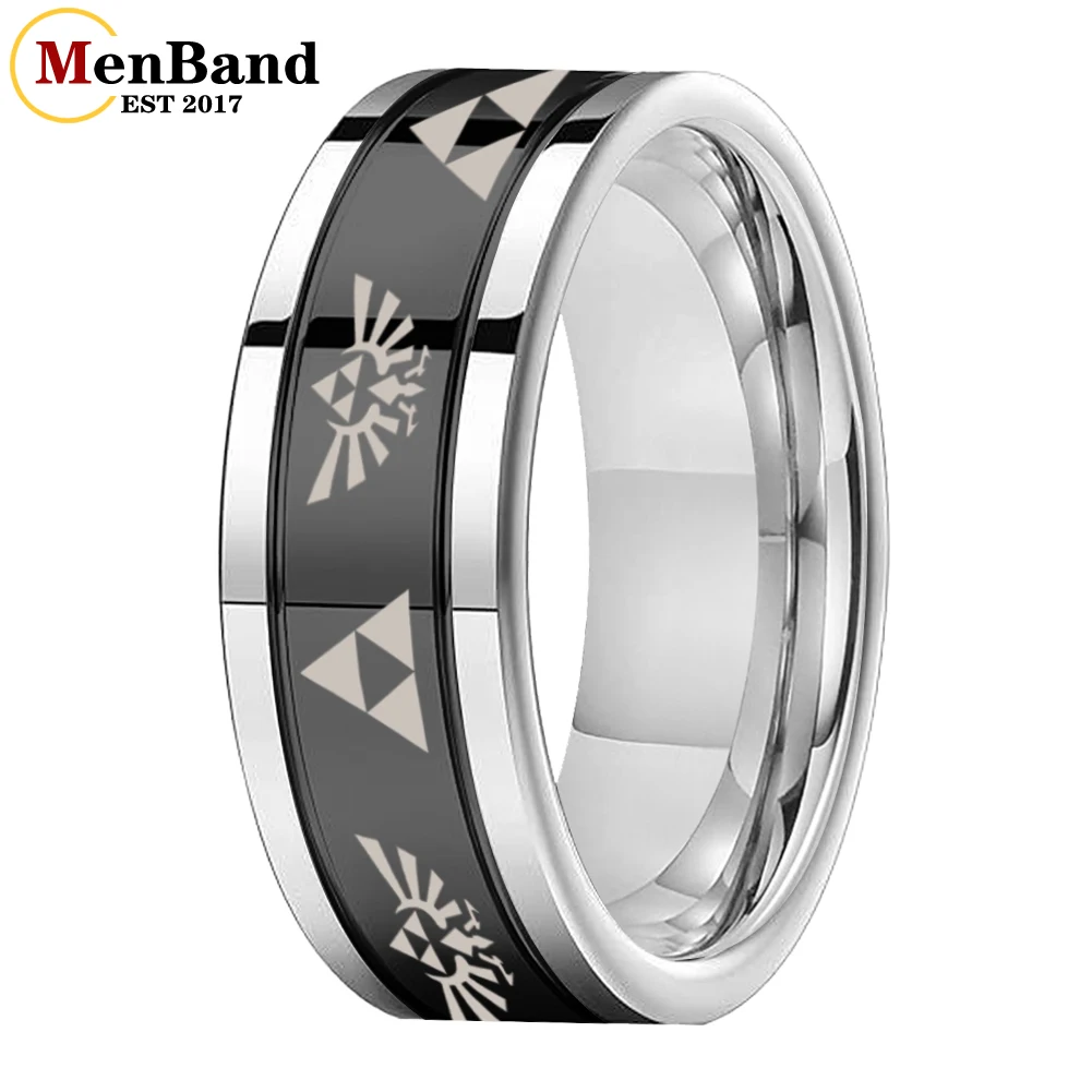 MenBand 8MM Tungsten Men's And Women's Wedding Ring Plane Double Groove Center Black Color Laser Engraved Personalized Pattern