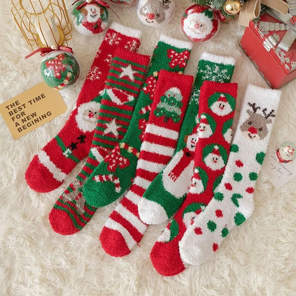 

Winter Warm Cartoon Christmas Socks Soft Fluffy Socks Thicken Floor Socks Elk Santa Claus Plush Coral Fleece Socks For Women