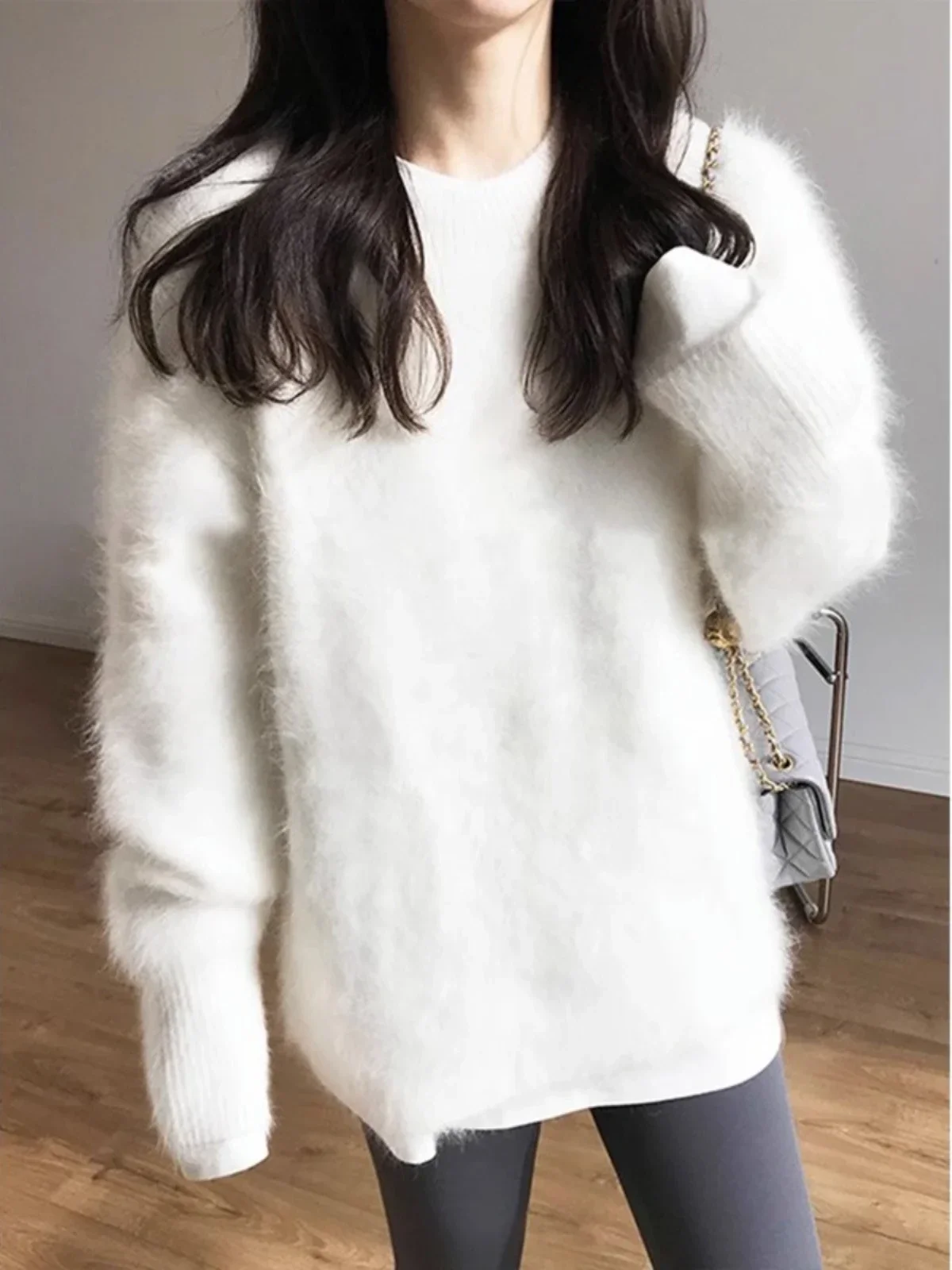 Autumn Winter Mink Fleece Sweater Women\'s Knitted Pullovers Thick Loose Casual Outerwear Solid O Neck Oversize Jumpers Women