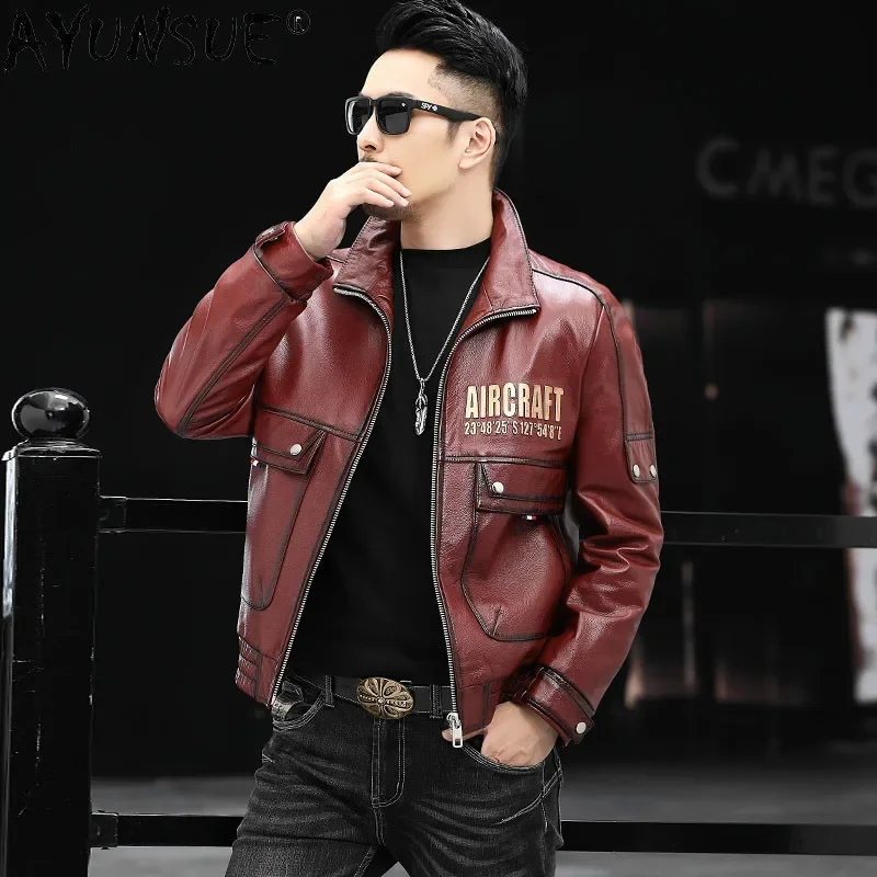 AYUNSUE 100% Genuine Cow Leather Jacket Men Top Layer Cowhide Leather Jackets Short Motorcycle Leather Coat Jaqueta Masculina