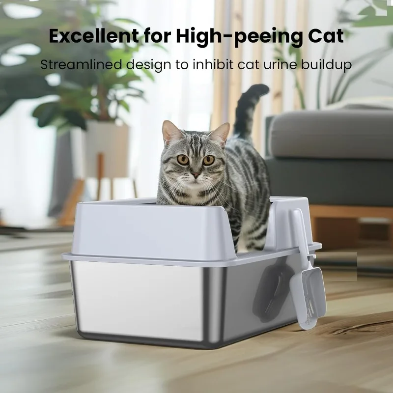 Stainless Steel Cat Litter Box with Lid,Covered Litter Box for Cats Metal Litter Pan Tray with High Wall Sides Enclosure,