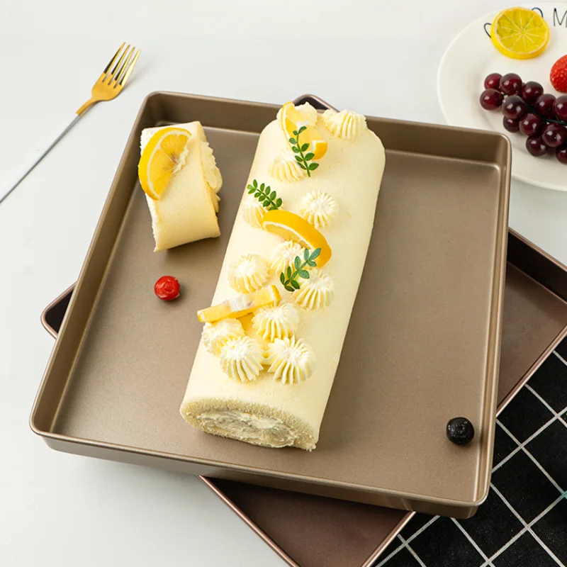 Zackoo 28x28cm Cake Roll Mold Non-stick Carbon Steel Baking Tray Mould Oven Home Gold White Pastry Molds Square Plate Cake Pan