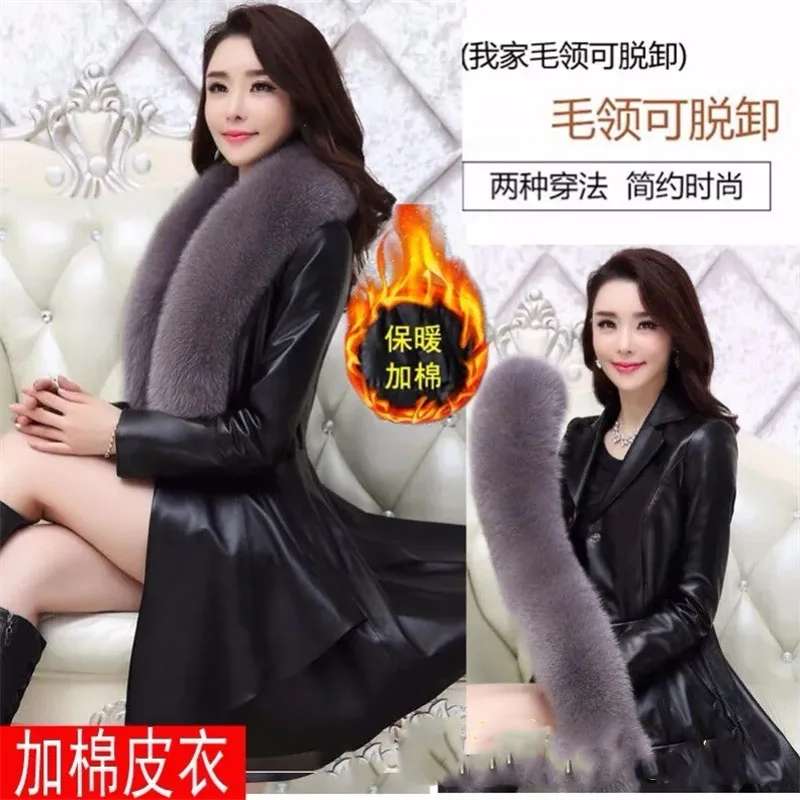 Korean Women Cotton Faux Leather Outwear 2025 Lady Large Size 5XL Leather Windbreaker Winter Femme Medium Length PU Leather Top