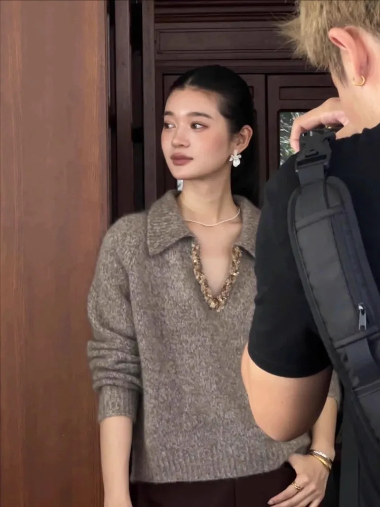 Retro Faionable Strickpullover V-Ne Long Sve Damen Top Ele Sle Herbst Winter Neuankömmling Wärme garantiert