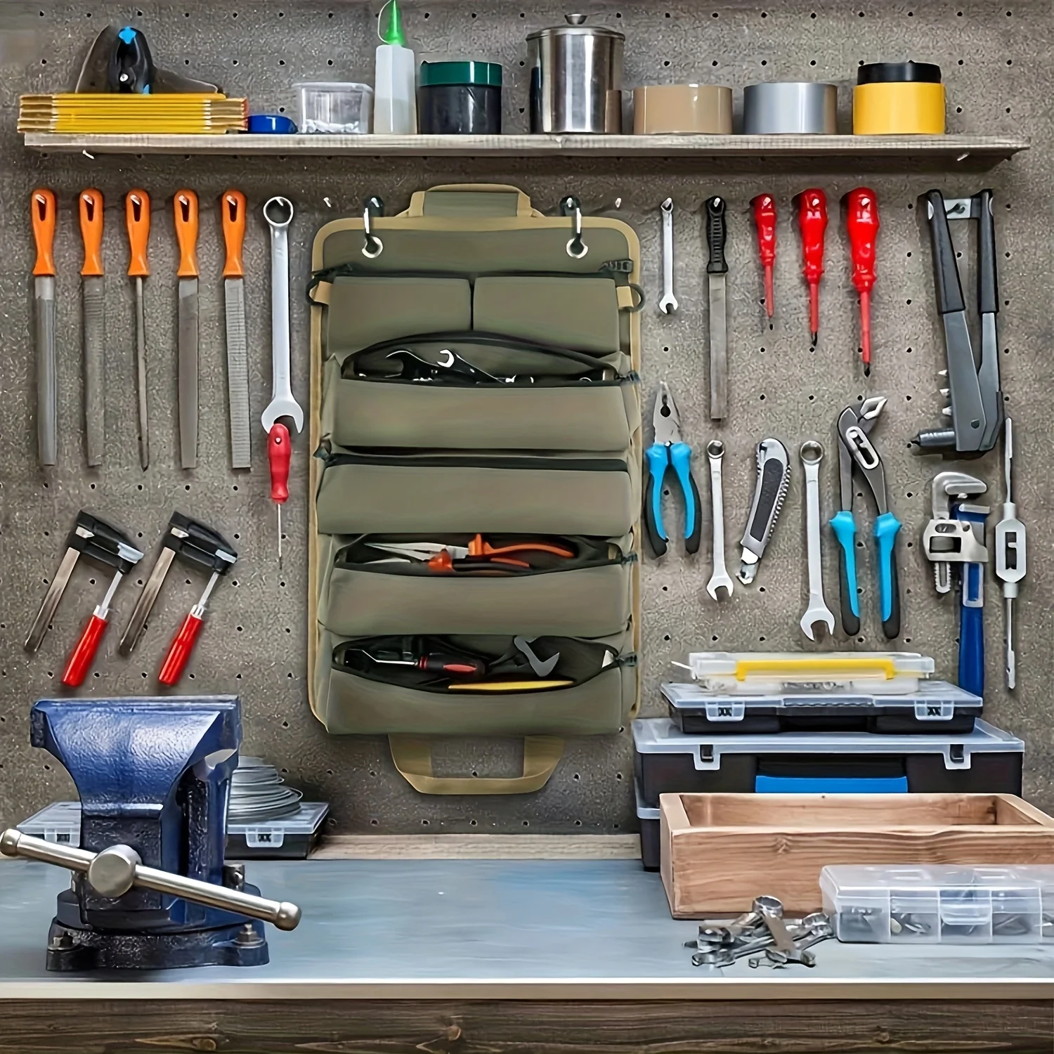 Roll-up Tool Bag, Detachable 6 Pouches, Tool Organizer for Automotive Repair, Large Tool Roll-Up Bag with Detachable Pouches