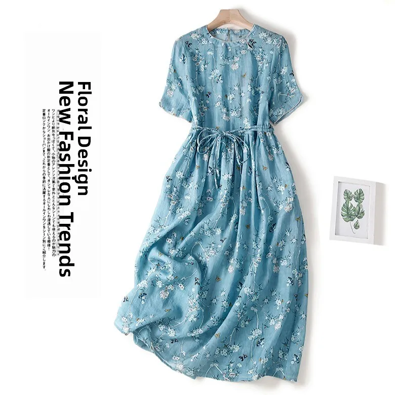 plus Size Summer Thin Cotton Linen Floral Print Midi Knee-Length Dress Women's Casual Loose Waist A-Line Dress
