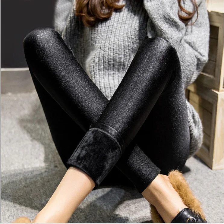 Winter Thiened Fce Glossy Pants Women's Slimming Nine Points Base Layer Pants Outerwear Warm Footwear Korean Sle