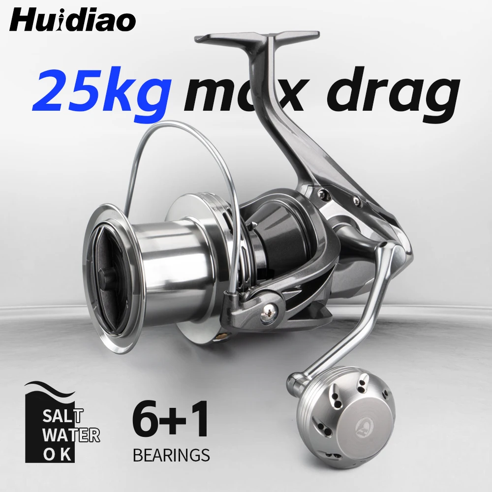 HUIDIAO TIDRAG Salzwasser-Spinnrolle 4.8:1 25KG Max Bremskraft 6+1 Edelstahlkugellager Wurmschaftsystem Weitwurf-Surf-Angelrolle