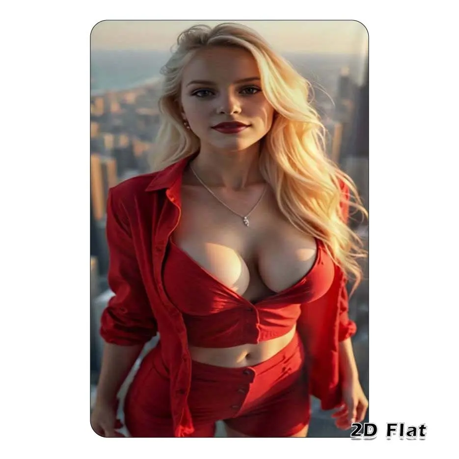 Placa de Metal Vintage 2D - Arte de Parede com Elegante Mulher Loira em Top Cropped Vermelho e Shorts no Telhado, Presente Perfeito para Quarto e Casa